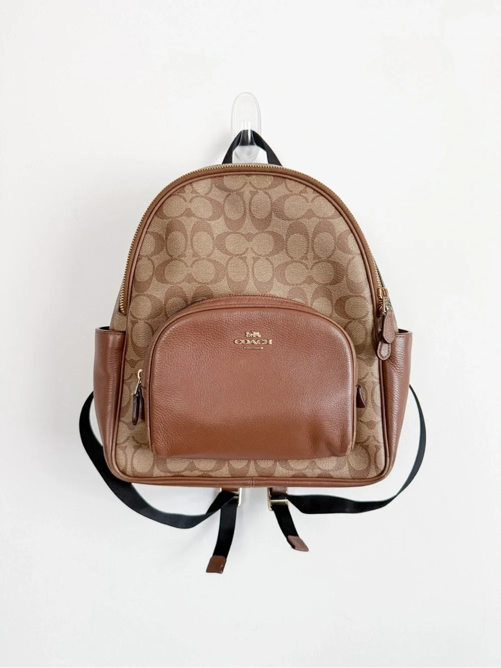 Coach Court 5671 Khaki Saddle Leather Canvas Signature Backpack